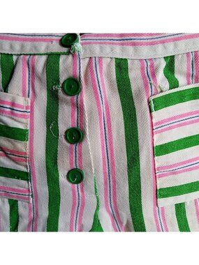True Vintage Shorts 22" 22W 1960's Green Pink Striped High-Waisted Buttonfly